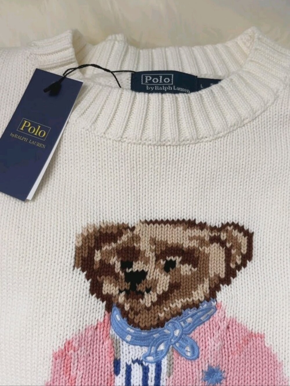 NWT Polo Ralph Lauren Picnic Polo Bear Sweater, Cream, Womens - Picture 5 of 8